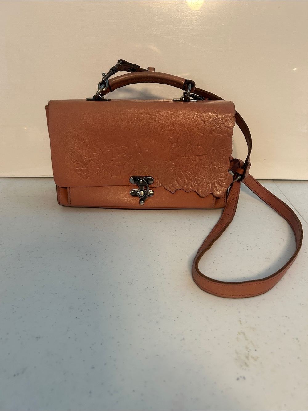 Floral-Embossed pink Leather Top-Handle Satchel with Detachable Strap